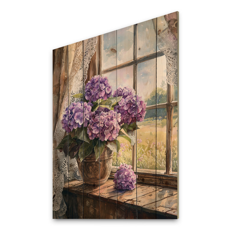Hortensias par la ferme fenêtre I - Art mural en bois d'hortensias - sur bois de pin naturel, H 20 po x l 10 po x P 0,78 po