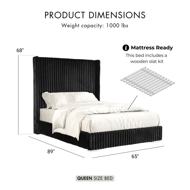 Bertogne Tall Wingback Headboard Upholstered Bed, Queen, Black