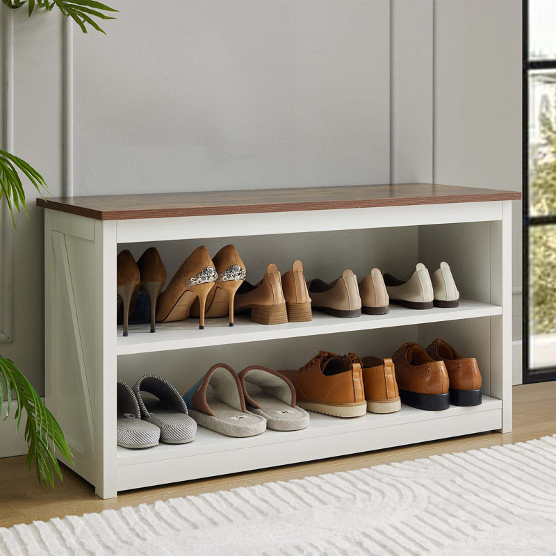  Banc à chaussures à 2 niveaux en bois, 9 paires de rangement pour hall d'entrée avec siège, Blanc