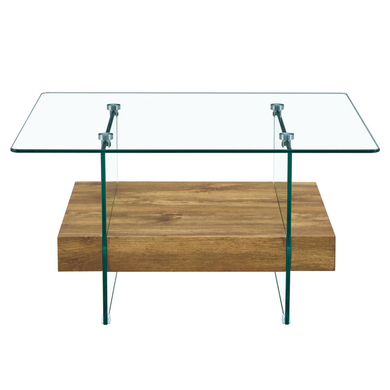 Hezekiah 31.4" Modern Two-Tier Square Coffee Table, Natural Wood