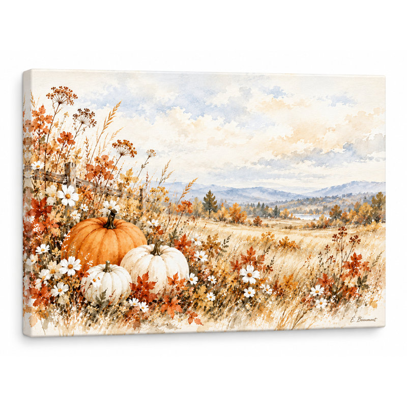 Paysage champêtre de citrouilles orange et blanches, emballé dans Ingwer, L 48 po x H 36 po x P 1,5 po