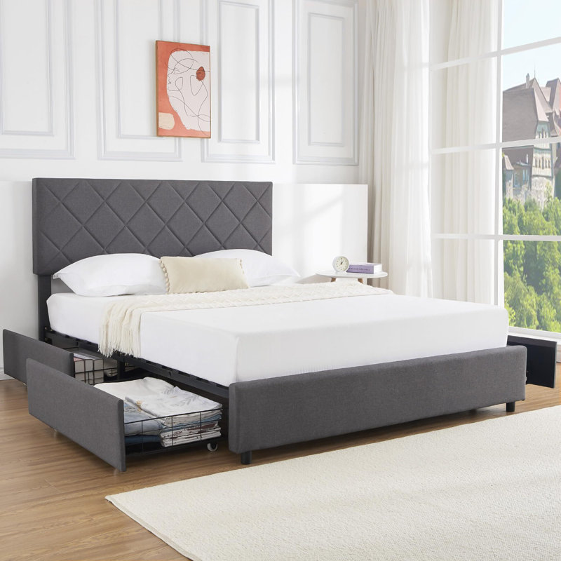 Upholstered Platform Bed Frame With 4 Storage Drawers And Adjustable Headboard, Queen