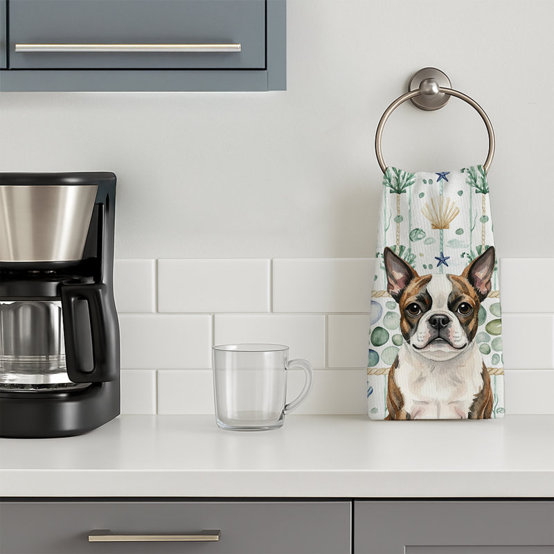 Brindle Boston Terrier Coastal Sea Glass Kitchen Towel, Brindle Boston Terrier