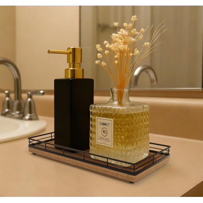 Bathroom Vanity Tray For Countertop, 12" X 6" Acacia Wood Toilet Tank Tray With Metal Guardrail, Bathroom Organizer