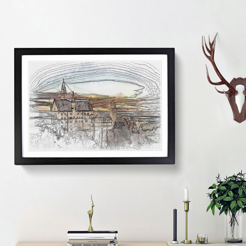 Neuschwanstein Castle in Abstract - Picture Frame Graphic Art Print, 48cm H x 65cm W x 2cm D, Black Framed