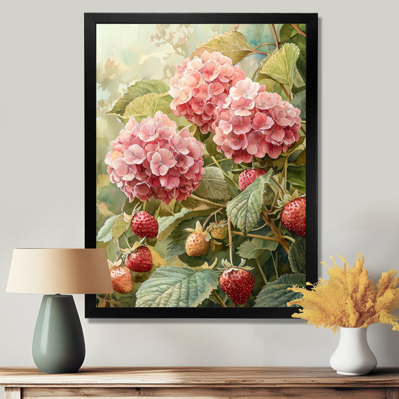 «Hydrangeas In The Strawberry Patch», impressions murales florales, H 32 po x l 24 po, Noir