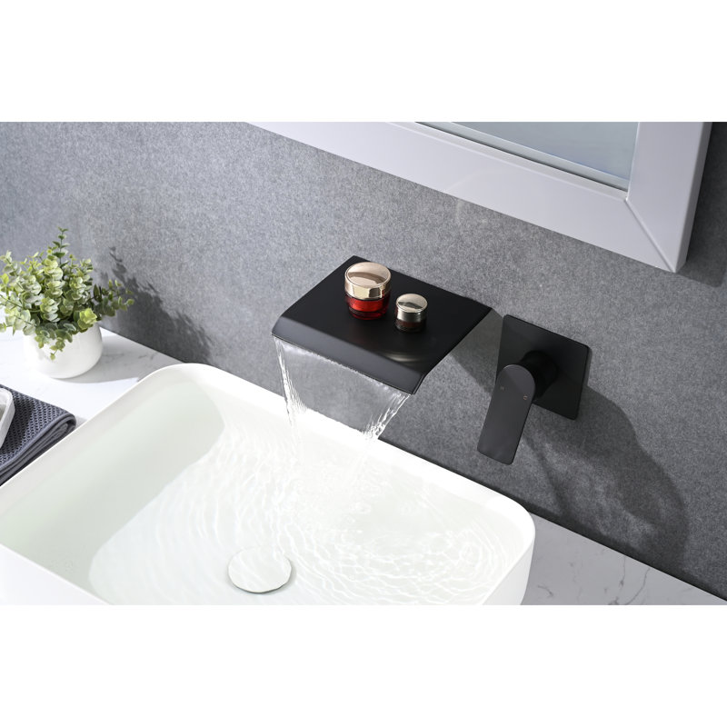 Matte Black Bathroom Sink Faucet With Waterfall - Wall Mounted Stainless Steel Modern Temperature Control Device Spout Flow Regulating Mechanism