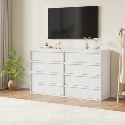 Commode à tiroirs pour chambre à coucher, commode double blanche de 54 po de large avec grand rangement, commode moderne à 8 tiroirs pour le salon, la chambre de bébé et le couloir