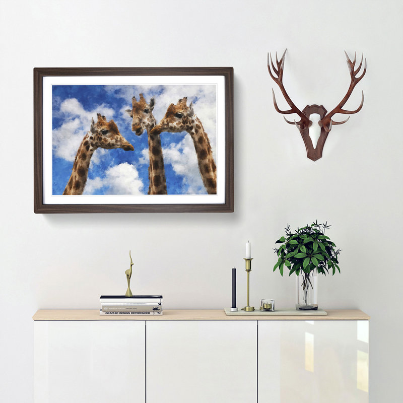 Three Giraffes - Single Picture Frame Painting on MDF, 24cm H x 33cm W x 2cm D, Walnut