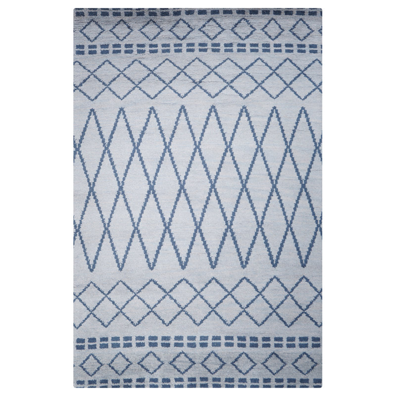 Tapis géométriques en laine bleu clair noué à la main à la main, Rectangle de 5 pi x 8 pi
