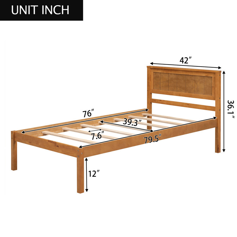 Tête de lit et base de lit simple avec lattes de bois, sans sommier, style chêne avec tête de lit, support inébranlable