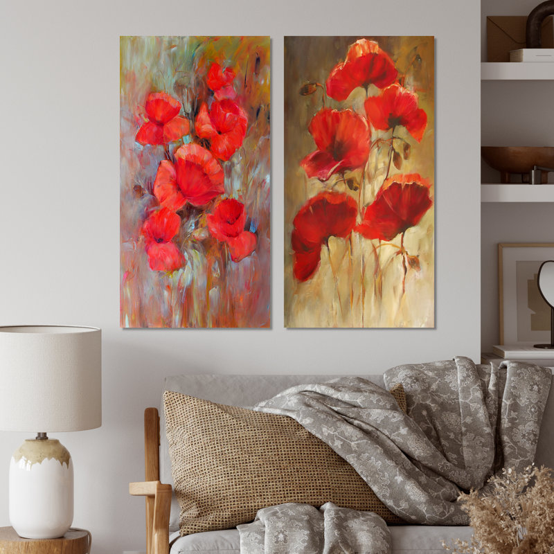 Ensemble de 2 photos sur toiles - Coquelicots en fleurs rouges VII, H 20 po x l 24 po x P 1 po, Toile tendue