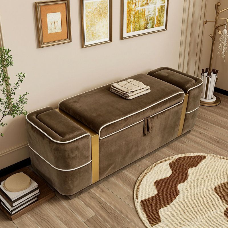 Banc ottoman de rangement rembourré avec compartiment caché avec couvercle relevable et accents métalliques dorés, Brun