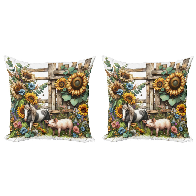 Farmhouse Sunflower and Animals Microfiber Throw Pillow Set