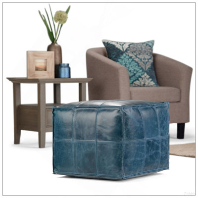 Pouf carré en cuir véritable bleu sarcelle de 18 po Manning