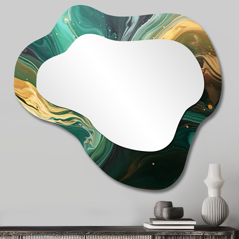Velera Abstract green and gold Marble river IV - Marble Cloud Large Wall Mirror, Modern Asymmetrical Unique Mirror, Printed Metal Art