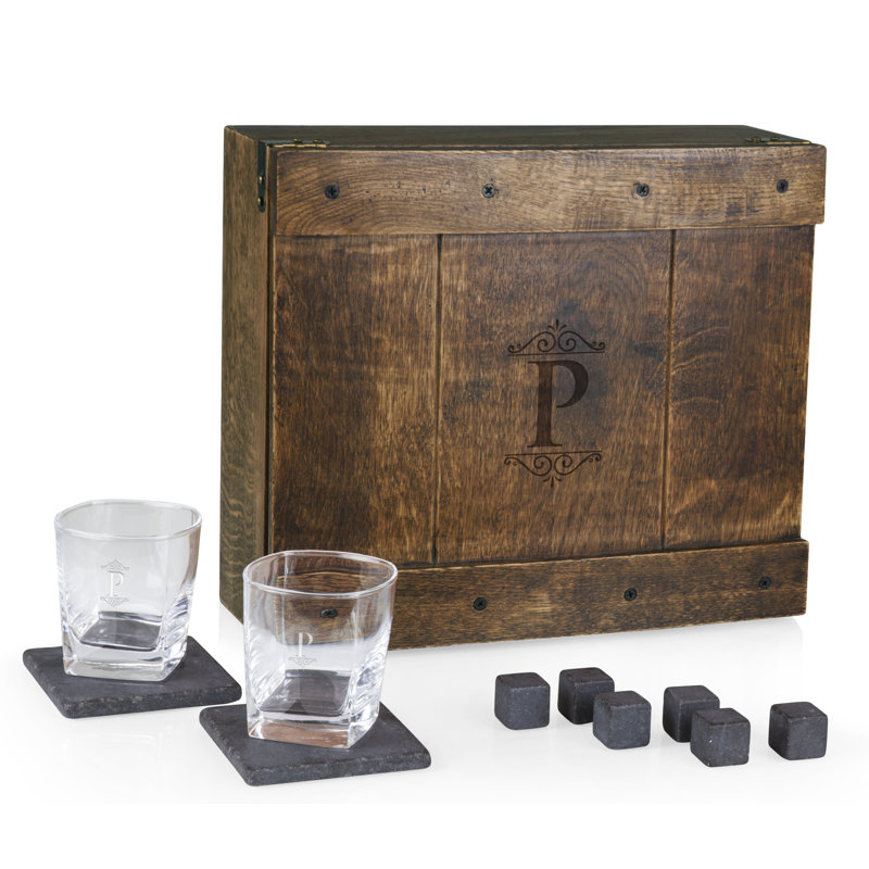 Monogram Whiskey Oak Box, ensemble de 2 verres à whisky et pierres Espen, P