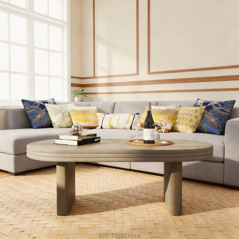 Mid Century Modern Oval Fluted Coffee Table, Farmhouse Style, Natural, Natural