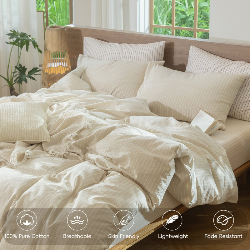 MooMee Striped Duvet Cover Set 100% Washed Cotton Linen Like Textured, Oversized King Duvet Cover + 2 King Pillowcases