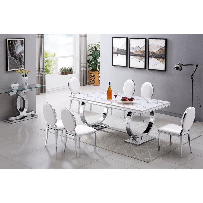 Table de salle à manger Burdell, Argent argent, Blanc / Blanc