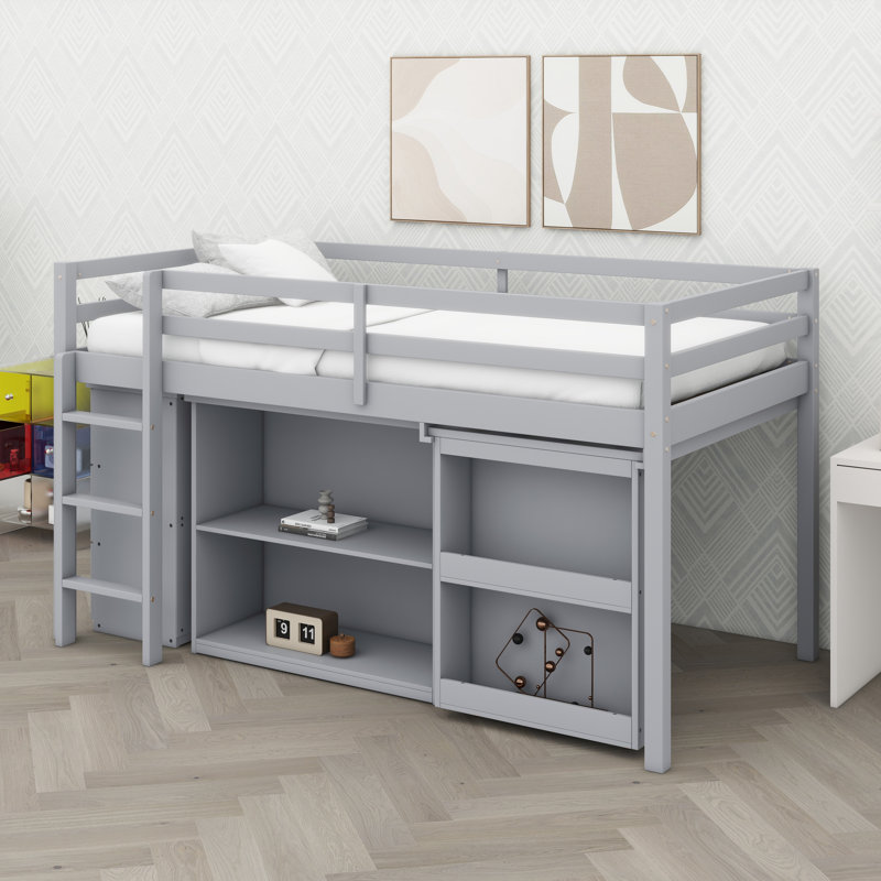 Lit mezzanine multifonctionnel avec rangement de tiroir intégré, étagères et bureau de travail rétractable, Gris
