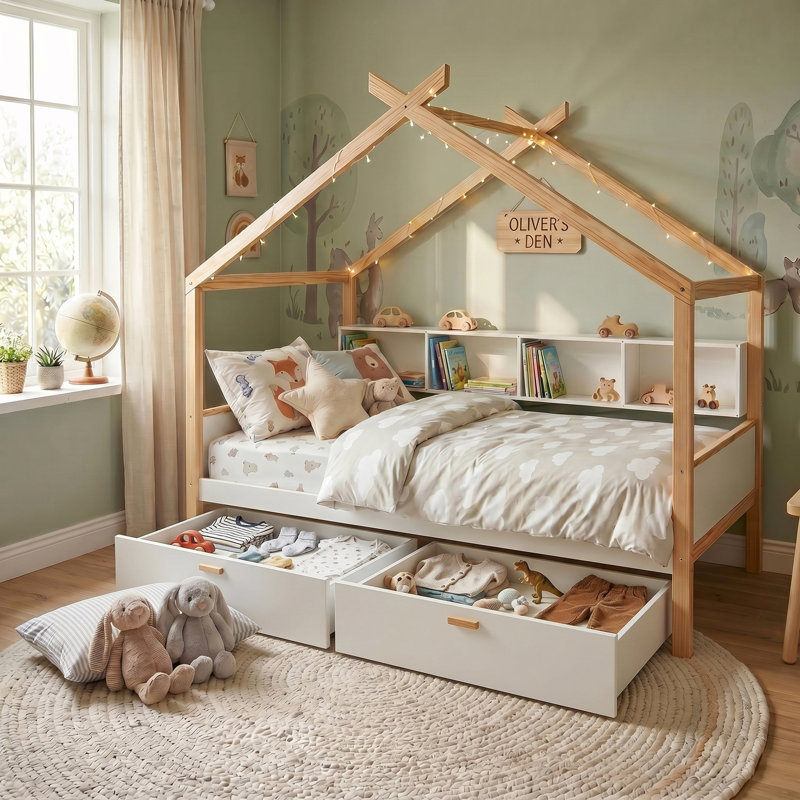 Lit double en bois avec 2 tiroirs et rangement pour bibliothèque, Double