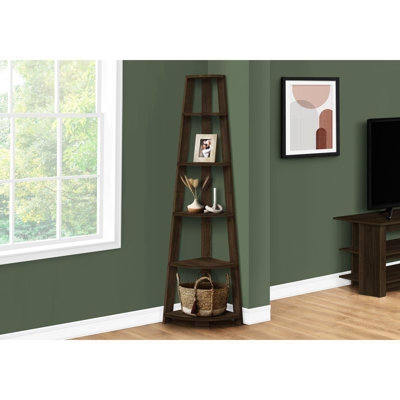 Walnut Laminate 5 Tier Corner Bookshelf, 72"H, Contemporary Bedroom Stand Option Modern 5 Bookcase, 72" Height, Hallway Storage