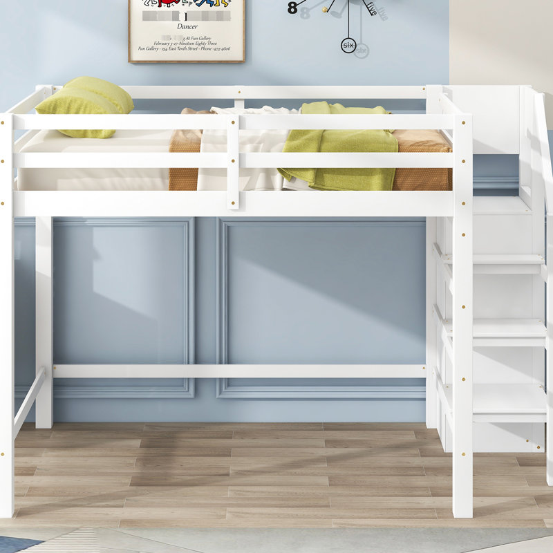 Lit mezzanine blanc avec rangement intégré et escalier - Structure en bois de pin pour chambre double avec espace, Blanc