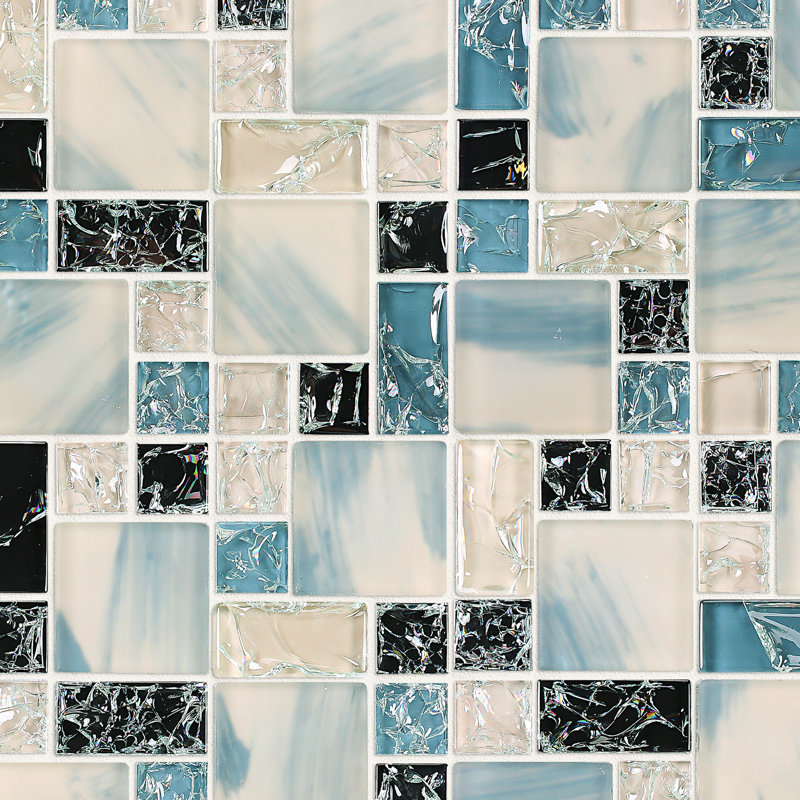 Carreau de métro en verre lustré Crackle 11,75 po x 11,75 po, Bleu / Noir