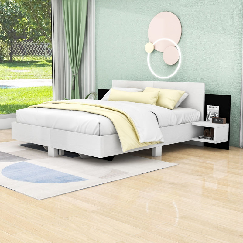 Platform Bed with LED Headboard and Built-in Nightstands, White, King