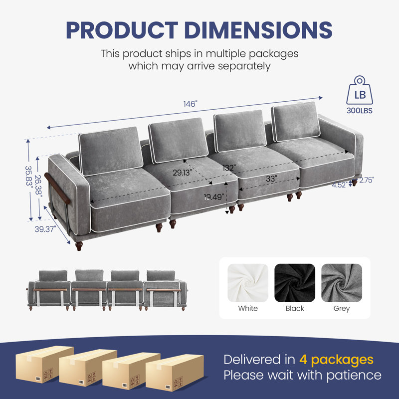 Modular Sectional Sofa with Removable Covers, Chenille Fabric and Solid Wood Frame for Living Room, 3, Gray Chenille