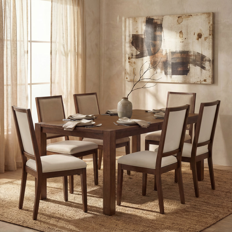7 Pieces Dining Set, 7 Pieces: Table, 6 Chairs, Brown