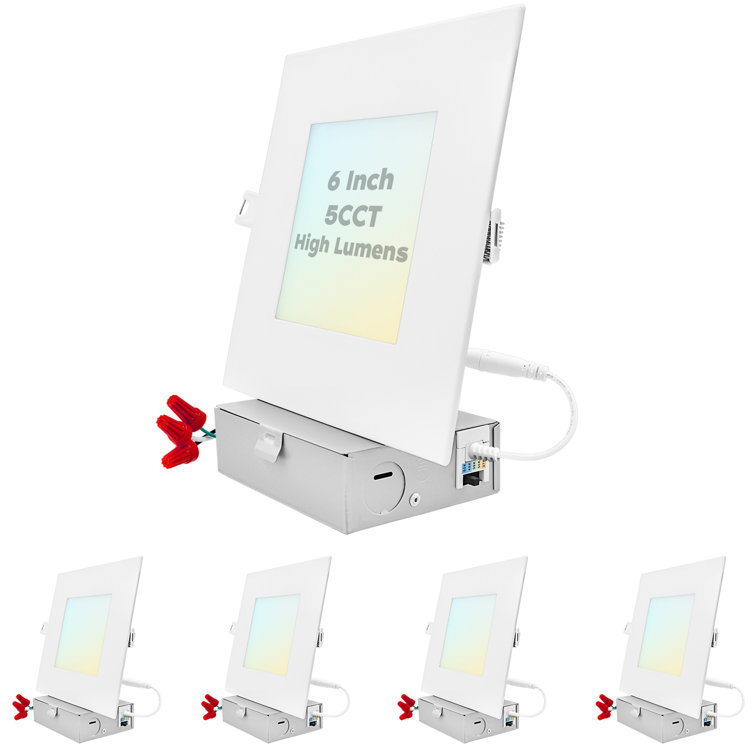 Luxrite 6" Ultra Thin LED Square Recessed Light, J-Box, 12W, 5 Colour Selectable 2700K-5000K, 1400 Lumens, Dimmable, Wet Rated 4 Pack