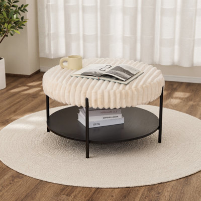 Repose-pieds rond 31 po avec tablette ouverte et pieds en métal - Table basse en fausse fourrure pour le salon