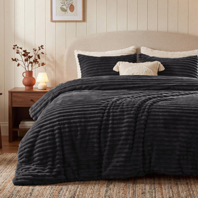 Ensembles d'édredon pour grand lit - 3 pièces de literie en molleton noir moelleux, esthétique rayée confortable pour les chambres modernes et les chambres d'amis, décoration intérieure de luxe toutes saisons