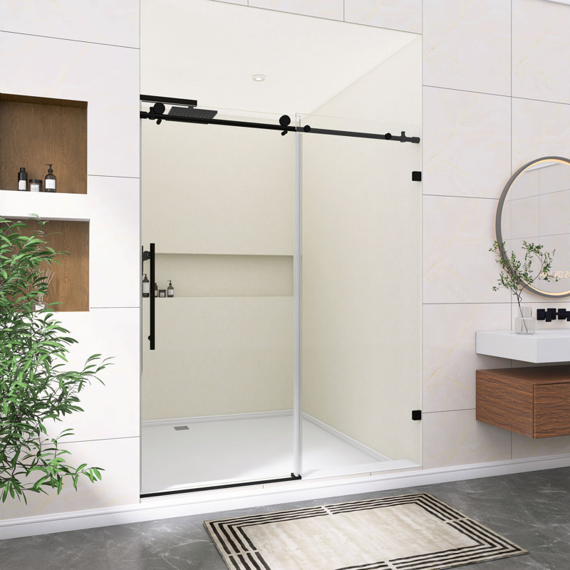 Porte de douche coulissante sans cadre l 60 po x H 74 po, verre trempé SGCC, cadre en aluminium noir mat avec poignée en acier inoxydable