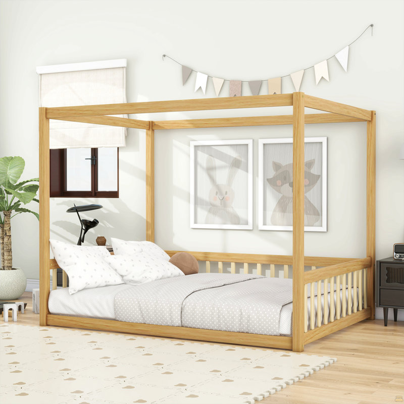 Lit double en bois d'hévéa avec clôture et garde-corps, Naturel