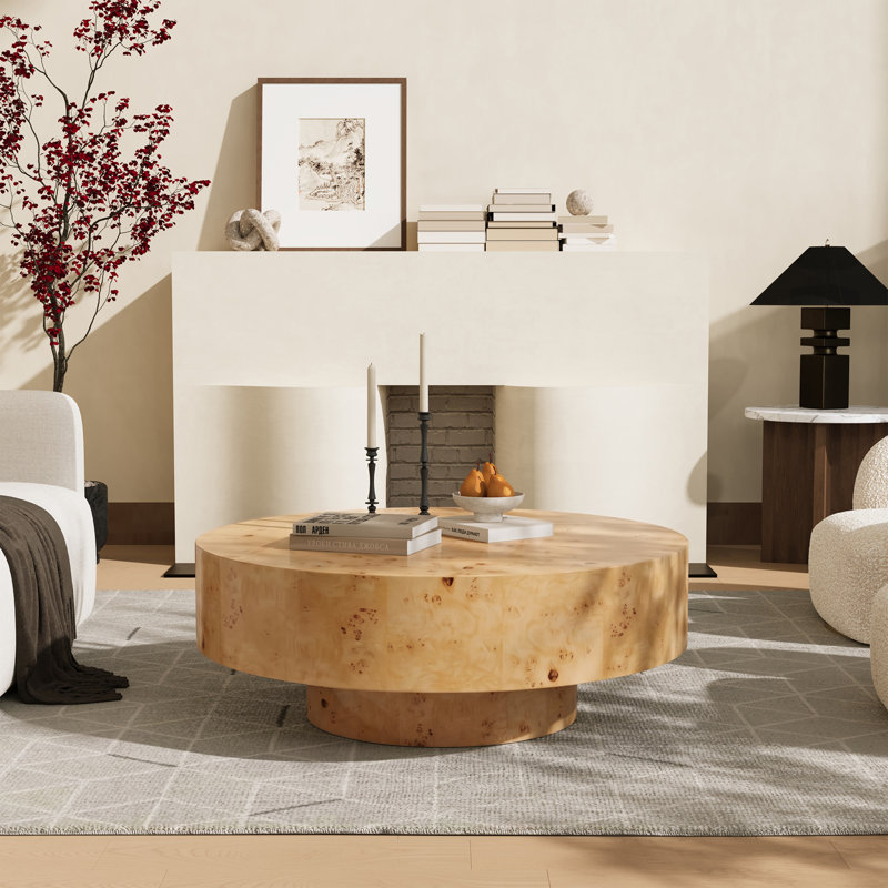 Table basse ronde en bois massif de 31,5 po et 35 po - Motifs de tourbillons naturels uniques, conception élégante incurvée, centre de table fabriqué à la main