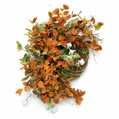 26" Artificial Farmhouse Half Ring Fall Maple Leaf Wildflowers Front Door Wreath, Rustic Rattan Wreath for Thanksgiving Harvest Home Wall Decor