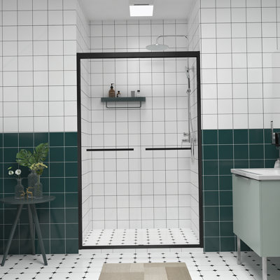 44-48"X76" Aluminum Frame Double Sliding Shower Door,Bypass Bathroom Sliding Door With Premium 1/4" (6Mm) Clear Tempered Glass, Black Hardware Sliding Glass Shower Enclosure,Matte Black Finished
