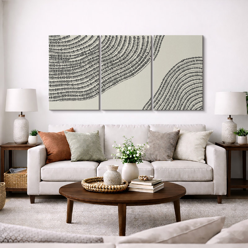 Line Art, géométrique, arbre en bois, anneau, impression sur toile, 3 pièces, H 36 po x l 72 po, Toile tendue
