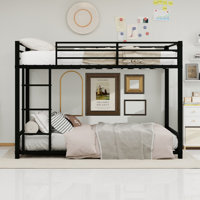 Metal Bunk Bed Twin Size Iron 1-Piece Bunk Bed Black - With Safety Guardrails and Anti-Slip Ladder