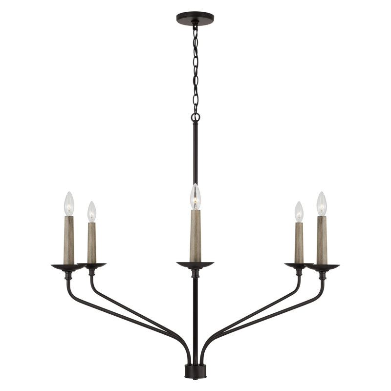 Matte Black 6-Light Candle Chandelier with Wooden Accents