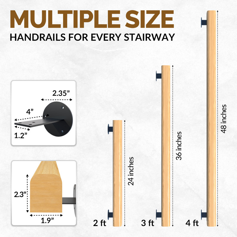Premium Solid Wood Handrails for Indoor Stairs, Safety Wall Mount Handrail, 2.30" H x 36" W x 1.90" D
