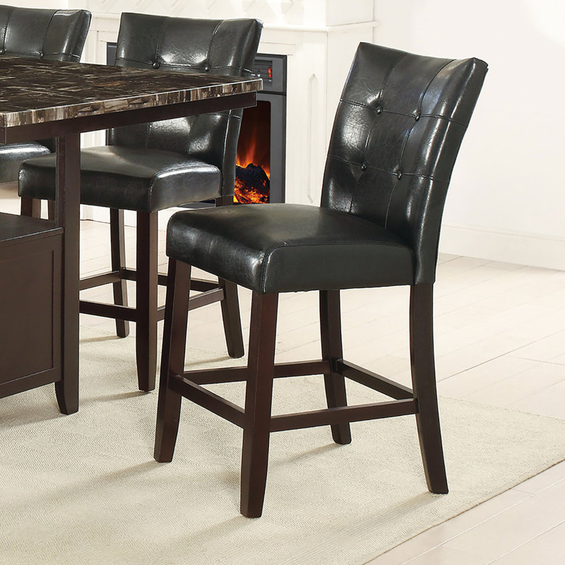 2 chaises de salle à manger en cuir noir, style haut, structure en bois, dossier à boutons, capacité de 250 lb, zone de revêtement en bois noir, salle de musculation en bois