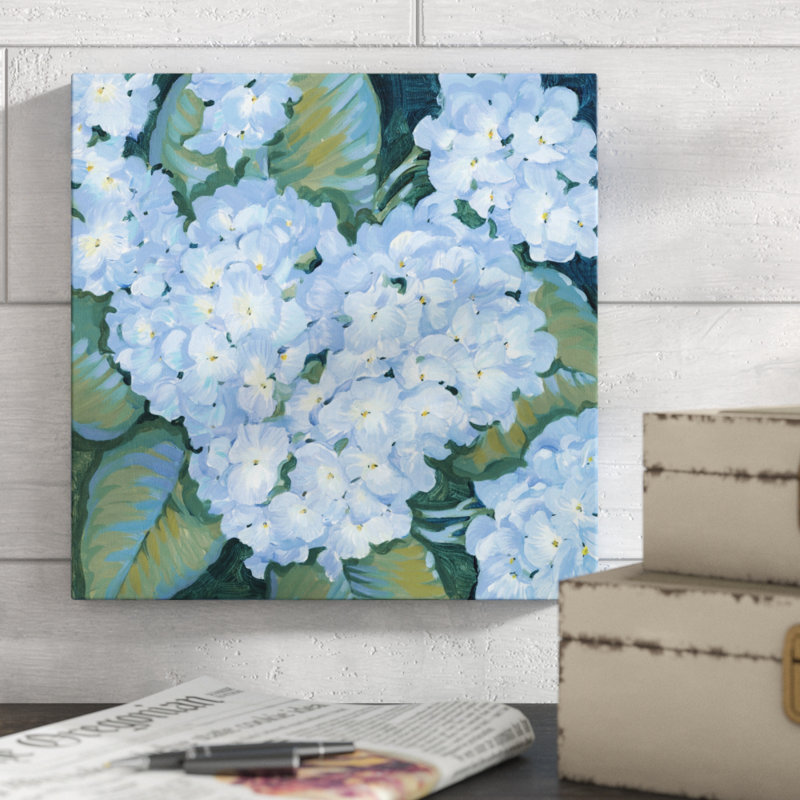 «Blue Hydrangeas II», peinture sur toile, H 12 po x l 12 po x P 1,25 po, Toile tendue