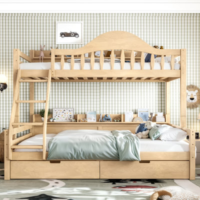 Lit simple superposé au dessus d'un lit double avec tiroirs de rangement, structure en bois massif, garde-corps courbé et tablettes, aucun sommier nécessaire, naturel
