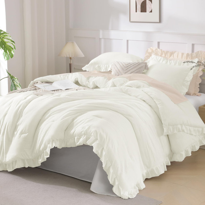 Andency Oversized King Ruffle Comforter Set 120x120, 3 Pieces Ivory Lightweight Fluffy Super King Bedding Set, Shabby Chic Famhouse All Season Bed Set for Girls Women