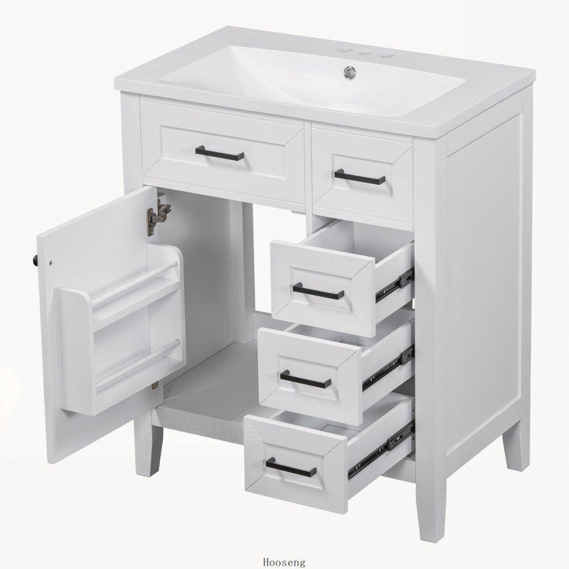 Ensemble de meuble-lavabo autoportant 30 po avec évier, cadre solide et armoire en MDF avec tiroirs multiples, blanc, Blanc