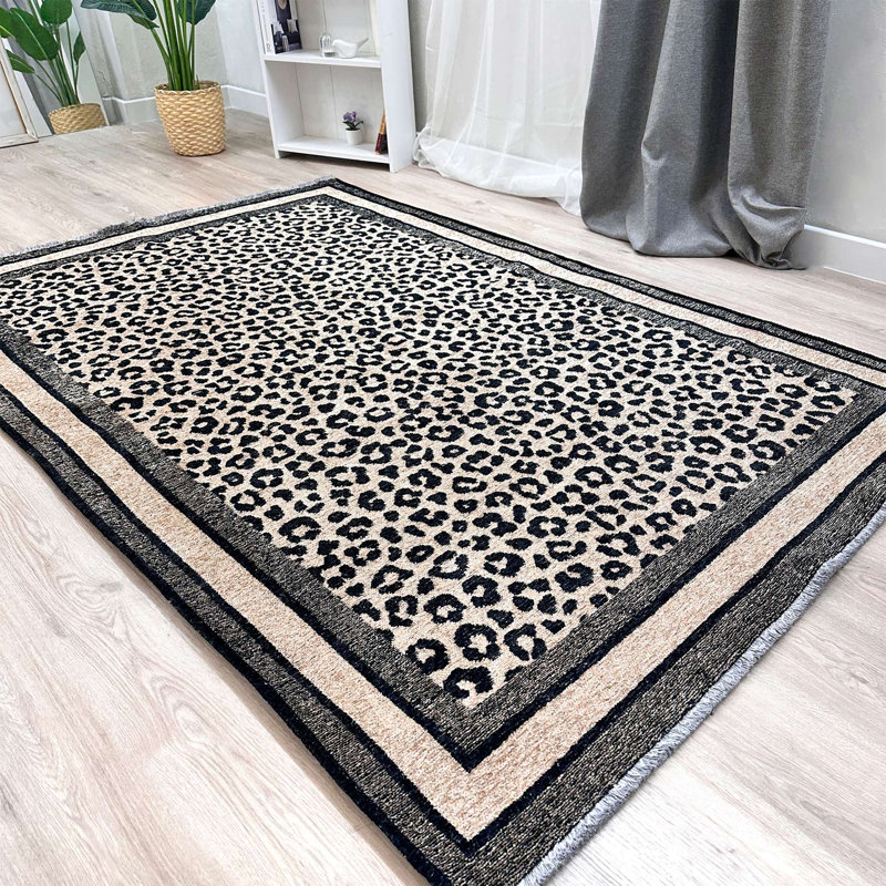 Tapis en coton lavable noir Alfa Ailsa Leopard, Rectangle 5 pi 1 po x 7 pi 5 po